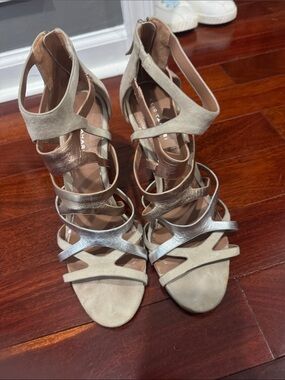 Elie Tahari Beige Suede & Metallic Multi-Strip Heels
